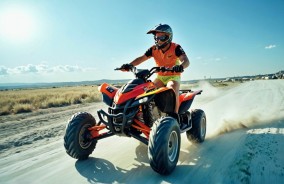 Young man riding a rented ATV through Miami countryside