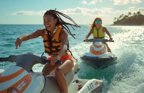Two girls riding jet skis in Miami